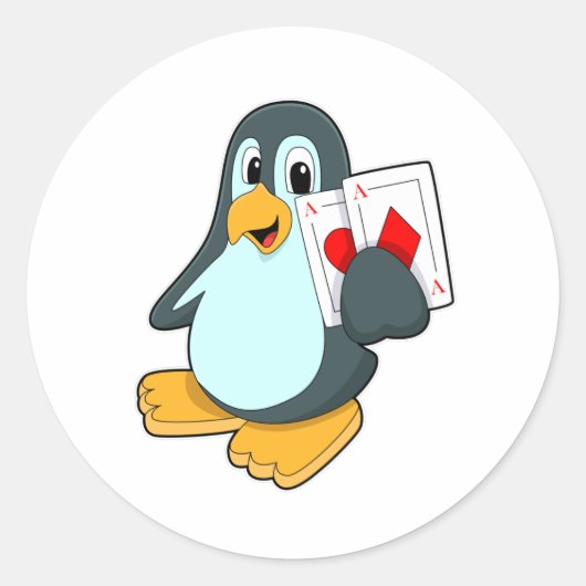 Pinguin mit Poker-Karten Runder Aufkleber (Vorderseite)