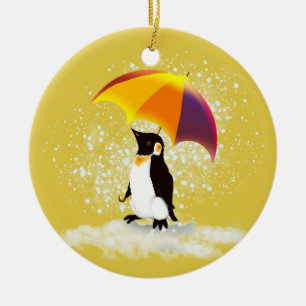 Pinguin mit Regenschirm Keramik Ornament