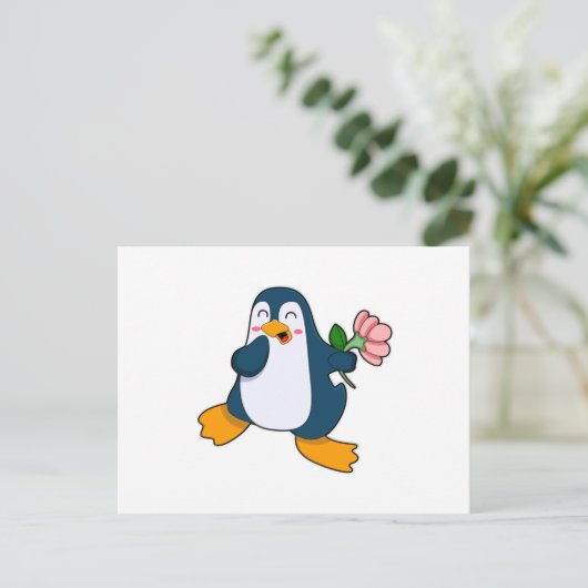 Pinguin mit Rosa-Blume Postkarte (Stehend Vorderseite)