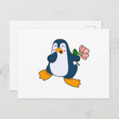 Pinguin mit Rosa-Blume Postkarte (Vorne/Hinten)