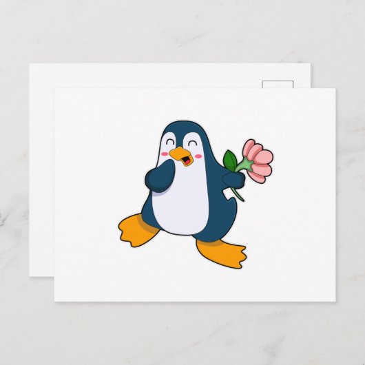 Pinguin mit Rosa-Blume Postkarte (Vorne/Hinten)