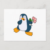 Pinguin mit Rosa-Blume Postkarte (Vorderseite)