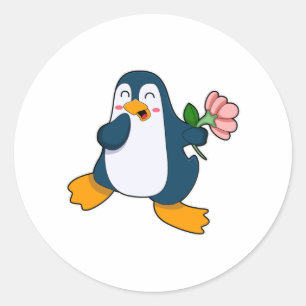 Pinguin mit Rosa-Blume Runder Aufkleber