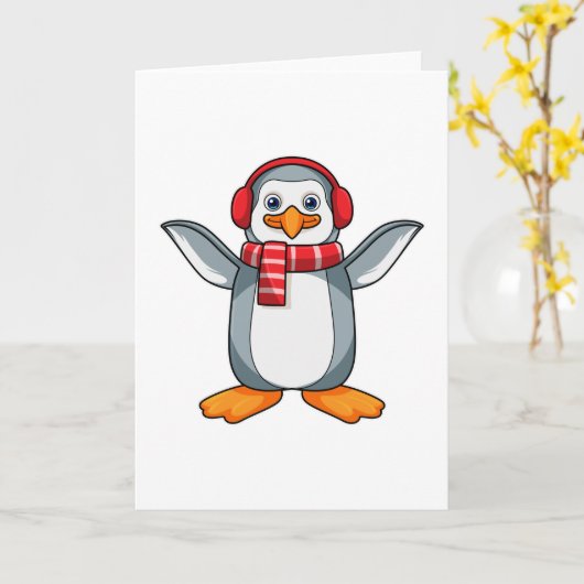 Pinguin mit Scarf & Headphone Karte (Gelbe Blume)