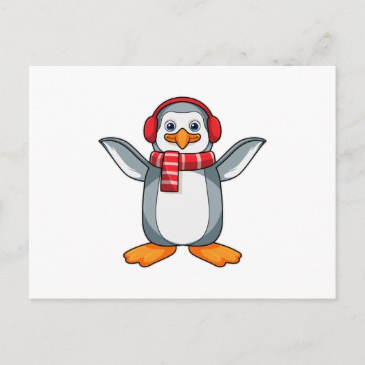 Pinguin mit Scarf & Headphone Postkarte (Vorderseite)