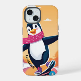Pinguin mit Scarf und Skateboard Fun Design iPhone 15 Hülle