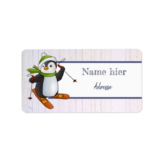 Pinguin mit Ski Adressaufkleber (Vorne)