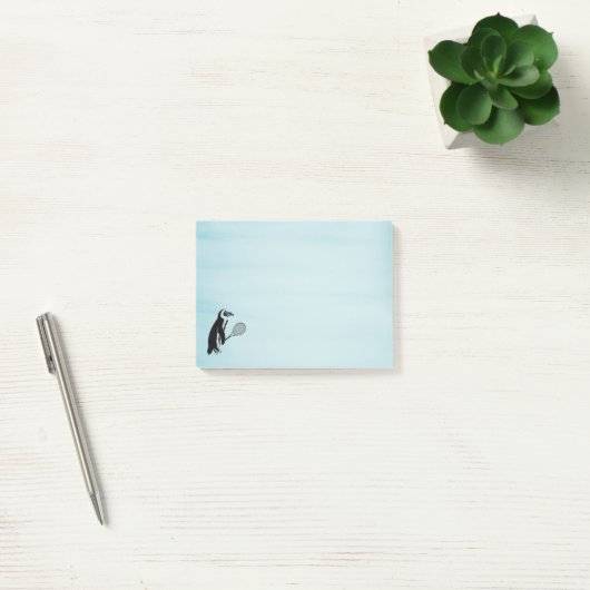 Pinguin mit Tennisschläger auf blauem Hintergrund Post-it Klebezettel (Büro)
