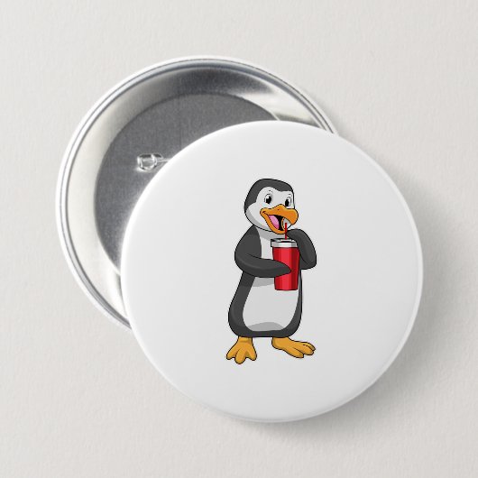 Pinguin mit Trinkbecher mit Stroh Button (Vorne & Hinten)
