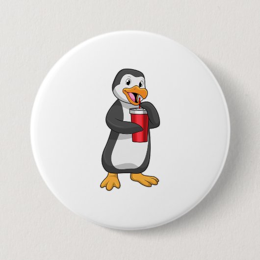 Pinguin mit Trinkbecher mit Stroh Button (Vorderseite)
