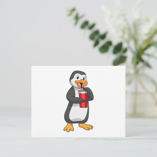 Pinguin mit Trinkbecher mit Stroh Postkarte (Stehend Vorderseite)