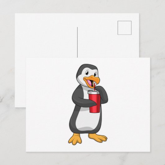 Pinguin mit Trinkbecher mit Stroh Postkarte (Vorne/Hinten)