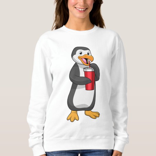 Pinguin mit Trinkbecher mit Stroh Sweatshirt (Vorderseite)