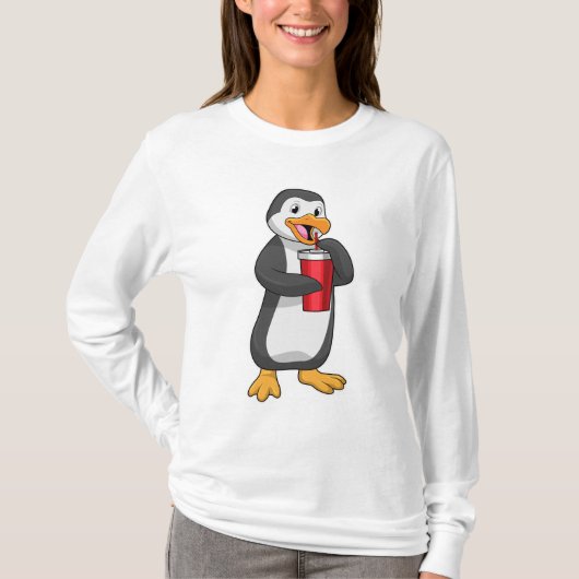 Pinguin mit Trinkbecher mit Stroh T-Shirt (Vorderseite)