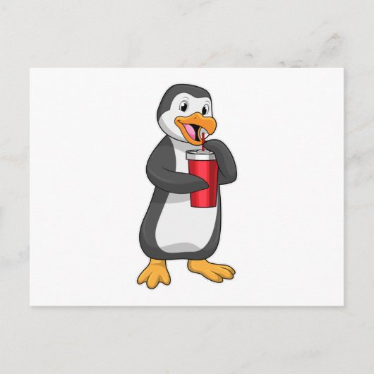 Pinguin mit Trinkbecher mit Strohhalm Postkarte (Vorderseite)