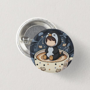 Pinguin mit warmer Tasse lesend Button