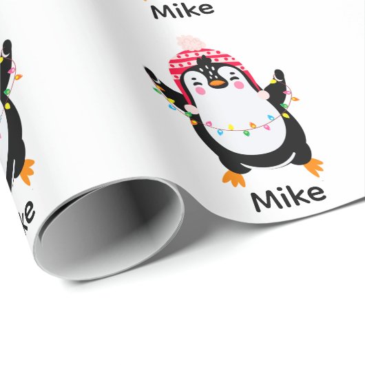 Pinguin mit Weihnachtsbeleuchtung Geschenkpapier (Rolleneckpunkt)