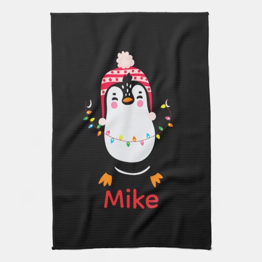 Pinguin mit Weihnachtsbeleuchtung Geschirrtuch (Vertikal)