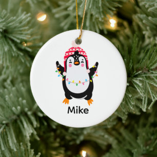 Pinguin mit Weihnachtsbeleuchtung Keramik Ornament