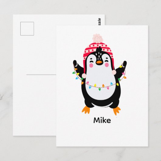 Pinguin mit Weihnachtsbeleuchtung Postkarte (Vorne/Hinten)