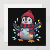 Pinguin mit Weihnachtslichtern und Weihnachtsmütze Feiertagskarte (Vorne/Hinten)