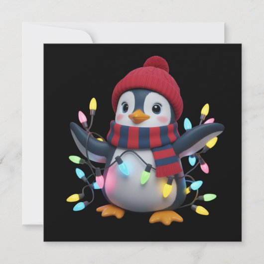 Pinguin mit Weihnachtslichtern und Weihnachtsmütze Feiertagskarte (Vorderseite)