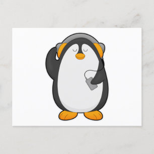 Pinguin & Mobiltelefon mit Headset Postkarte