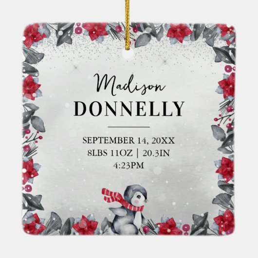 Pinguin Monogram Baby Stats Erste Weihnachten Keramikornament (Rückseite)