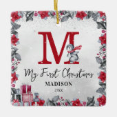 Pinguin Monogram Baby Stats Erste Weihnachten Keramikornament (Vorderseite)