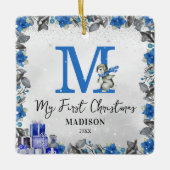 Pinguin Monogram Baby Stats Erste Weihnachten Keramikornament (Vorderseite)