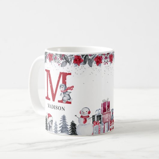 Pinguin Monogram Name Christmas Kaffeetasse (Vorderseite Links)