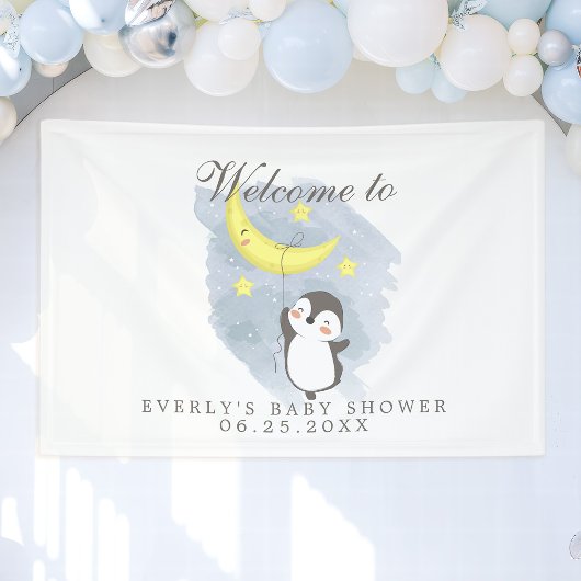 Pinguin Moon Niedlich Watercolor Babydusche Willko Banner
