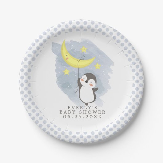 Pinguin Moon Watercolor Babydusche Pappteller (Vorderseite)