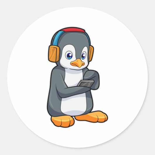 Pinguin Music Headphone Runder Aufkleber (Vorderseite)