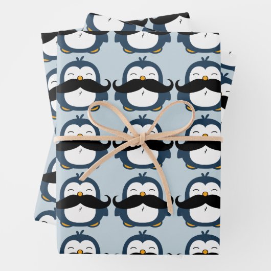 Pinguin Mustache Trend Pattern| Blau Geschenkpapier Set (Beispiel)