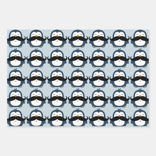 Pinguin Mustache Trend Pattern| Blau Geschenkpapier Set (Vorderseite)
