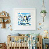 Pinguin-Mutter und Kücken-Kinderstube Poster