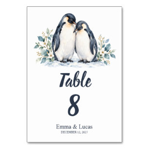 Pinguin-Paar-Aquarell-Hochzeit Tischnummer