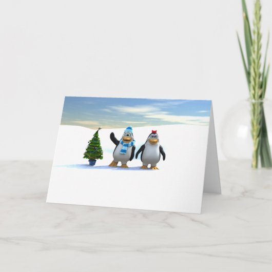 Pinguin Pair mit Baum Feiertagskarte (Vorderseite)