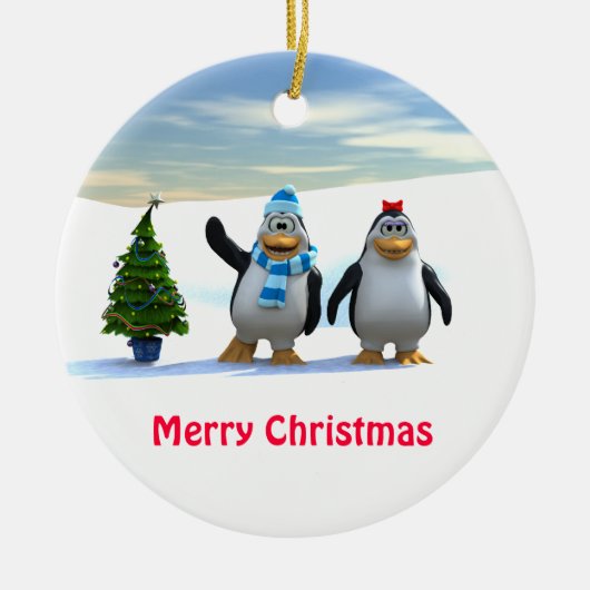 Pinguin Pair mit Baum Keramikornament (Vorne)