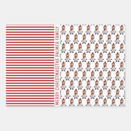 Pinguin, Panda, Bär, rote Streifen Frohe Weihnacht Geschenkpapier Set (Vorderseite 3)