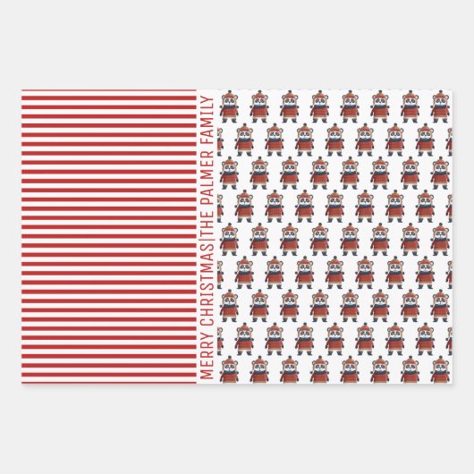 Pinguin, Panda, Bär, rote Streifen Frohe Weihnacht Geschenkpapier Set (Vorderseite 2)