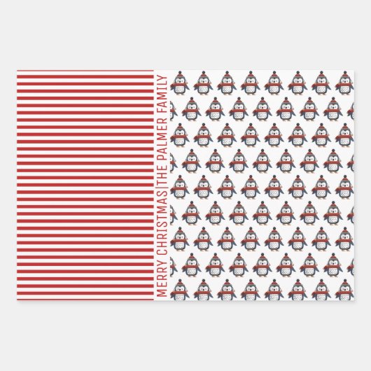 Pinguin, Panda, Bär, rote Streifen Frohe Weihnacht Geschenkpapier Set (Vorderseite)