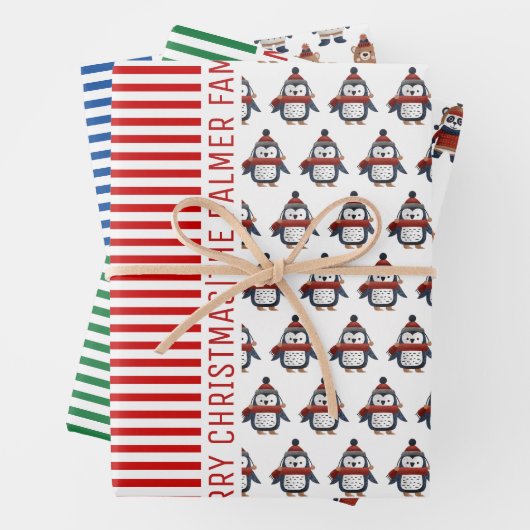 Pinguin, Panda, Bär und Streifen Frohe Weihnachten Geschenkpapier Set (Beispiel)