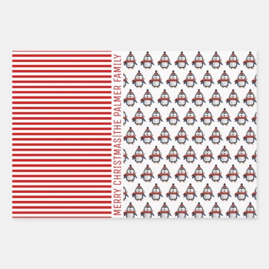 Pinguin, Panda, Bär und Streifen Frohe Weihnachten Geschenkpapier Set (Vorderseite)
