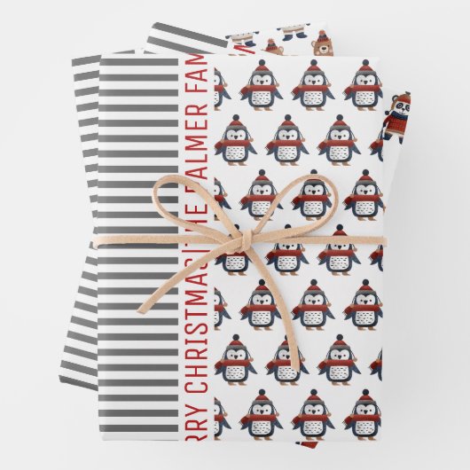 Pinguin, Panda, Bär und Streifen Frohe Weihnachten Geschenkpapier Set (Beispiel)