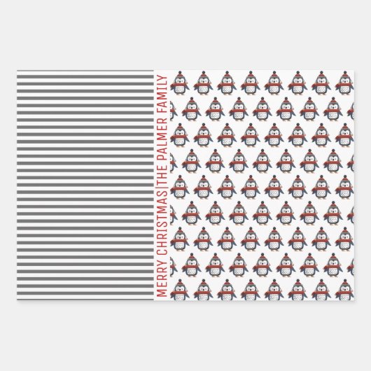 Pinguin, Panda, Bär und Streifen Frohe Weihnachten Geschenkpapier Set (Vorderseite)