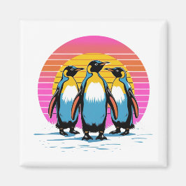 Pinguin Parade - Retro Sunset Penguin Family Magnet