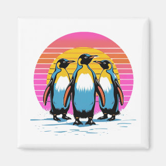 Pinguin Parade - Retro Sunset Penguin Family Magnet