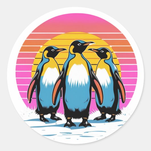 Pinguin Parade - Retro Sunset Penguin Family Runder Aufkleber (Vorderseite)